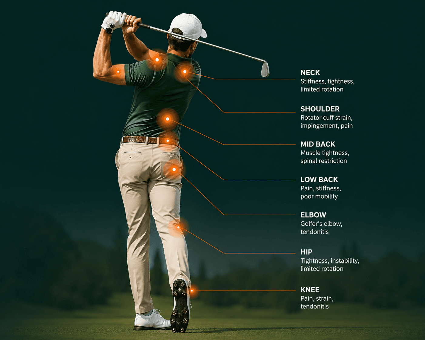 Diagram of a golfer mid-swing highlighting common injury points like neck, back, and joints.