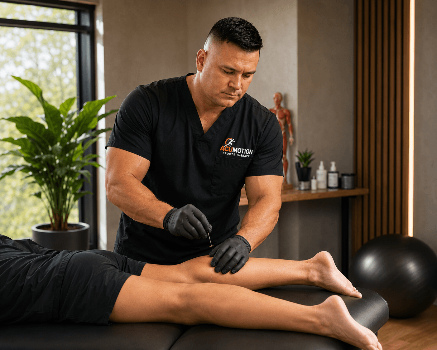 Male therapist in black scrubs performing dry needling on a patient's leg in a clinic.