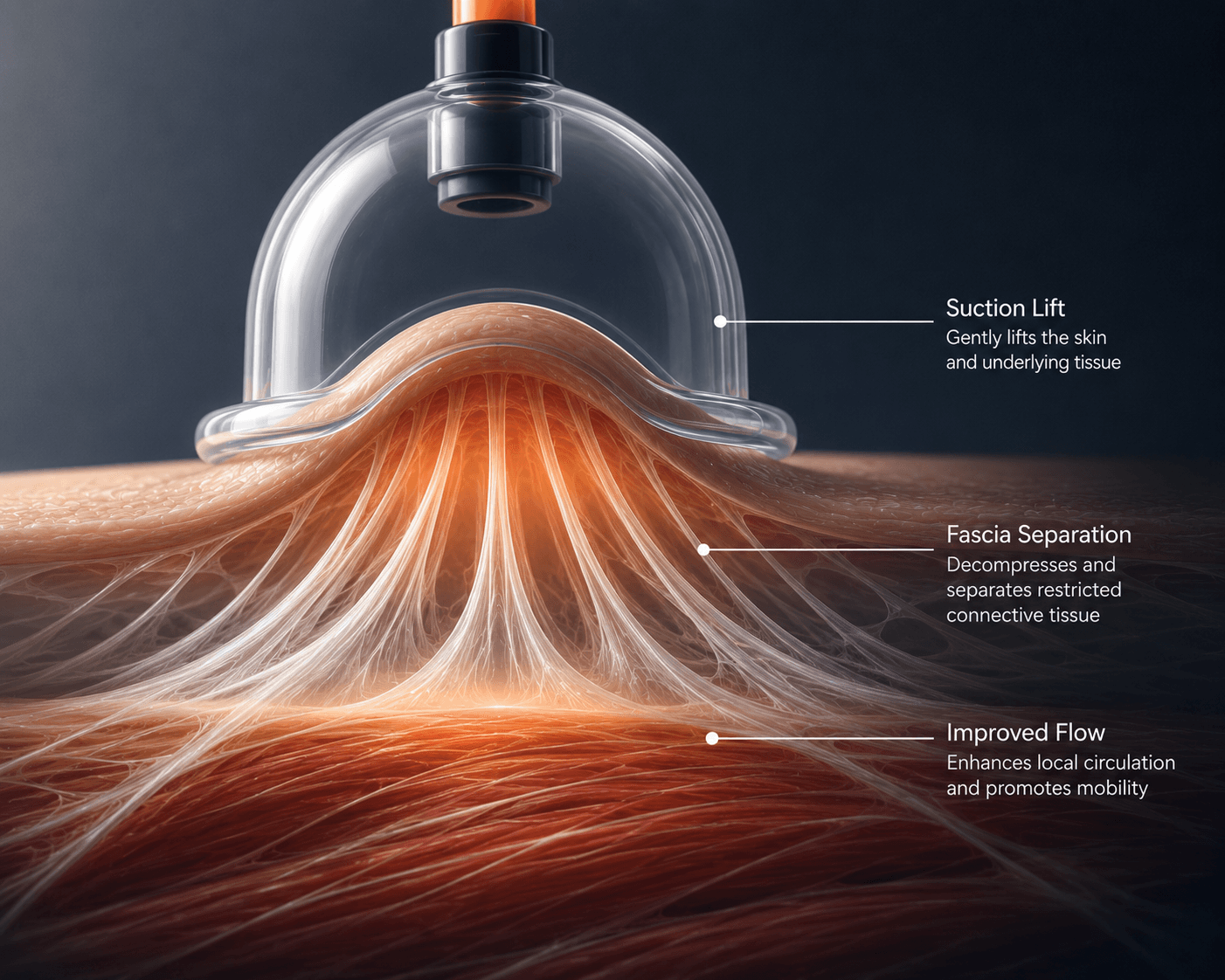 Cross-section showing a cupping device lifting skin and fascia to improve circulation and mobility.