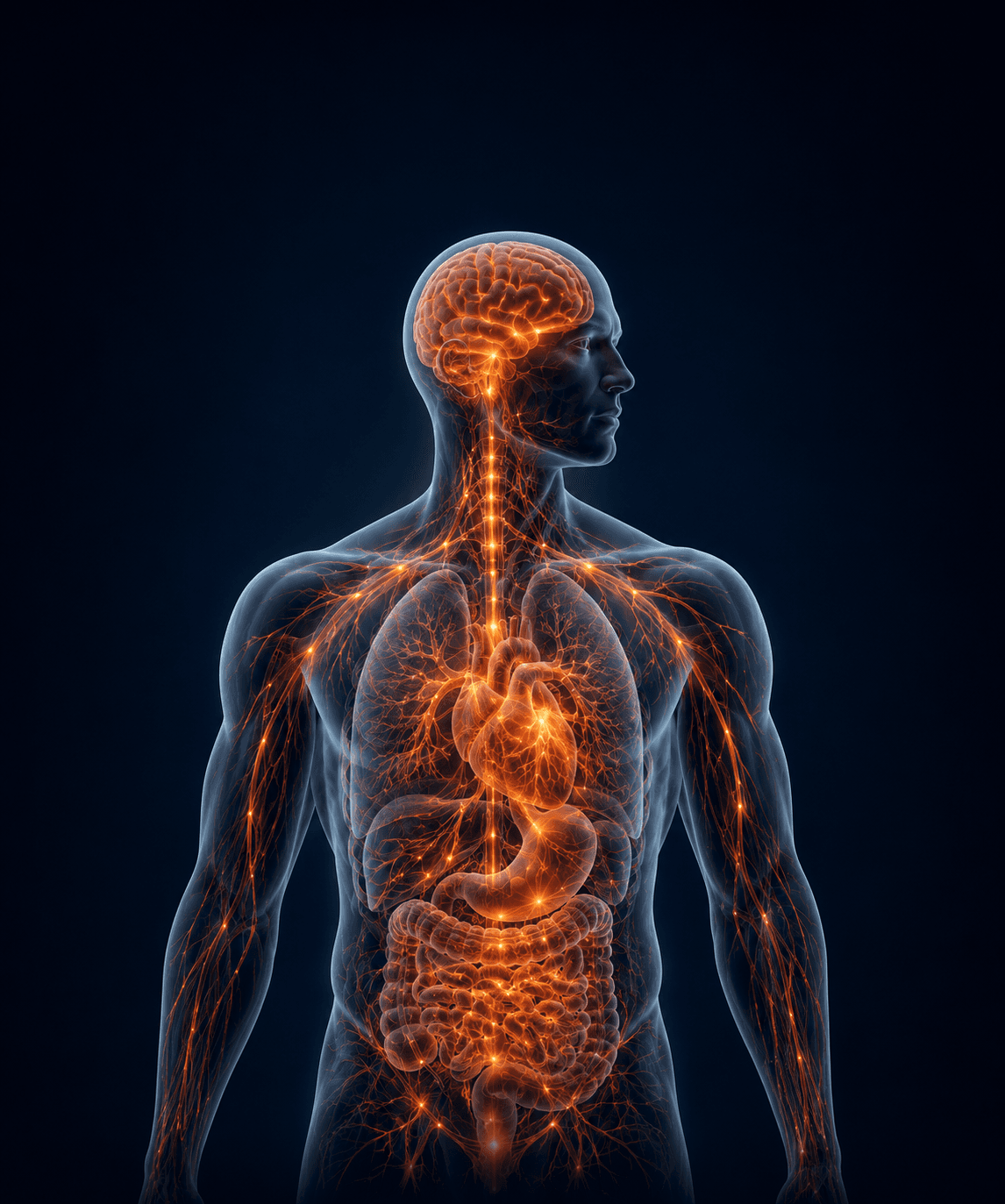 Transparent human silhouette with glowing orange internal organs and a complex network of nerves.