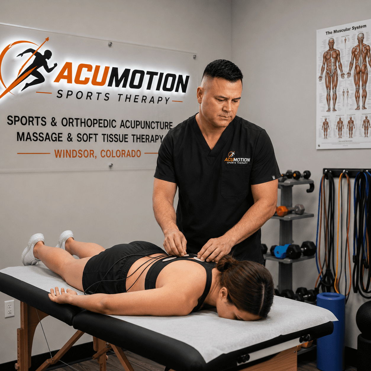 Therapist applying treatment pads to a patient's back at the Acumotion Sports Therapy clinic.