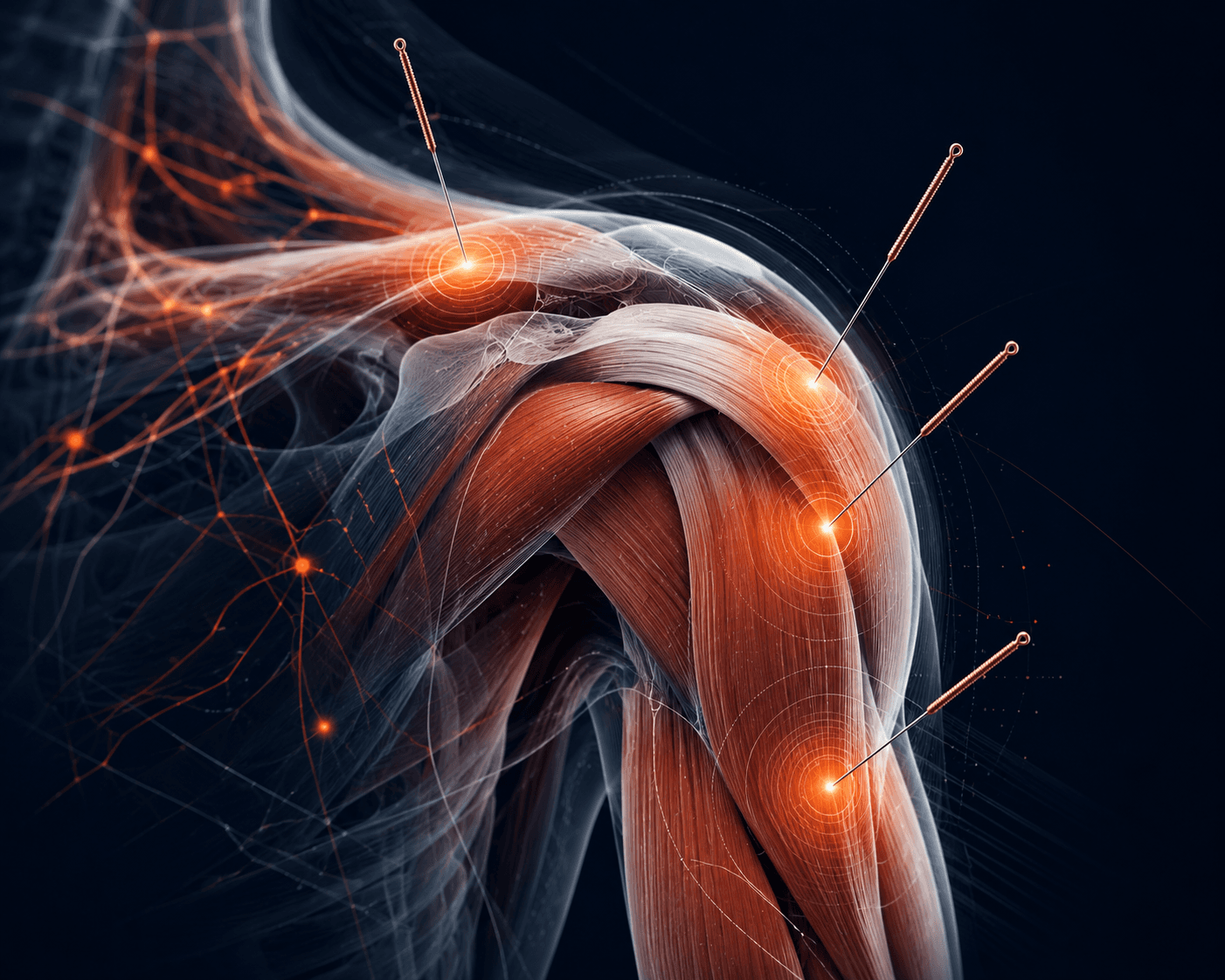 Anatomical illustration showing acupuncture needles inserted into glowing pressure points on a human shoulder.