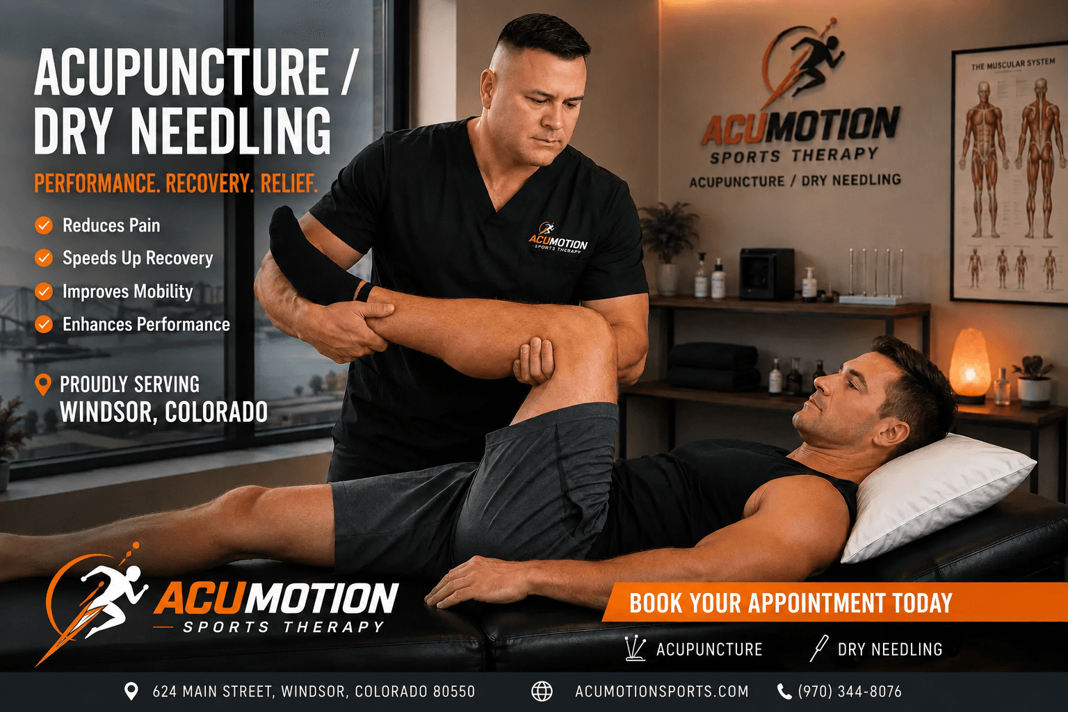 Male therapist stretching a patient's leg at Acumotion Sports Therapy clinic in Windsor, Colorado.